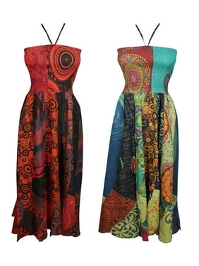 Mogul Women's Midi Halter Dress Cotton Printed Boho Chic Long Dresses