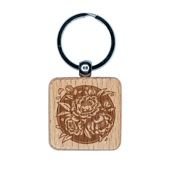 Peony Flowers in Circle Square Keychain Charm Tag - Engraved Wood