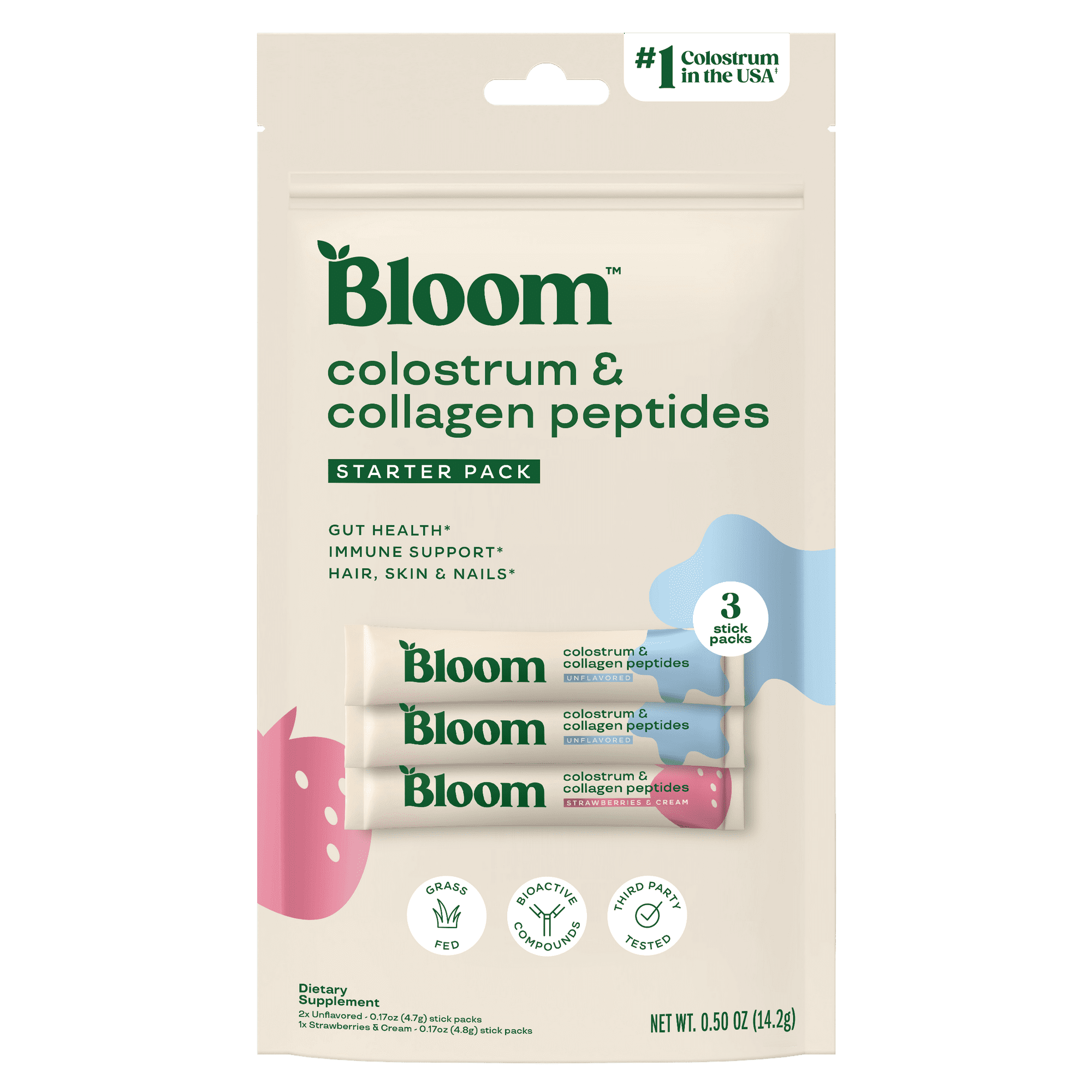 Bloom Nutrition Colostrum & Collagen Peptides Powder Sticks (Unflavored, Strawberries & Cream), 3 Count