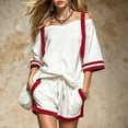 thumbnail image 2 of Arlun Womens Casual Summer Athletic Two Piece Outfits Oversized off the Shoulder V-Neck Half Sleeve Top and Baggy Drawstring Shorts Trendy Color-Block Sports Leisure Sets White XL, 2 of 4