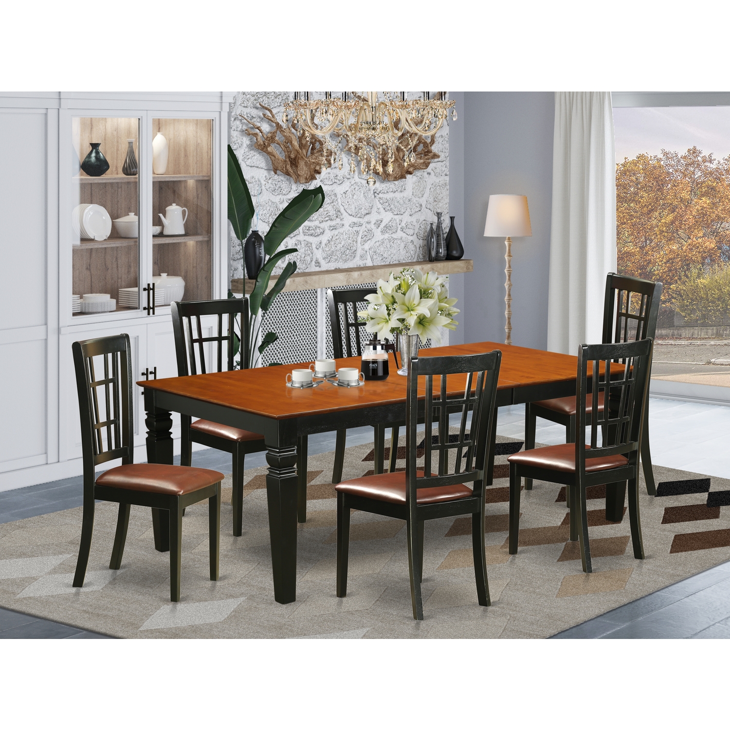 Dining Room Set - Dining Table And Dining Chairs-Finish:Black & Cherry,Number of Items:7,Shape