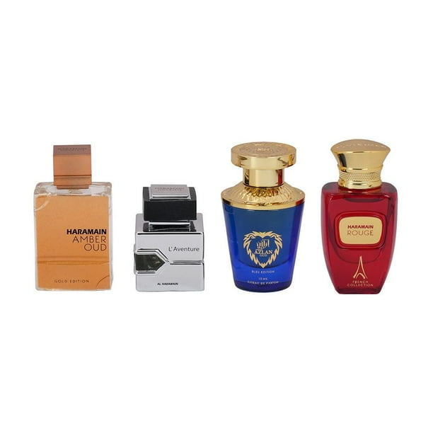 Set de regalo de fragancia Al Haramain unisex de 4 x 10 ml (Amber Oud + L'Aventure + Azlan Oud + Rouge)