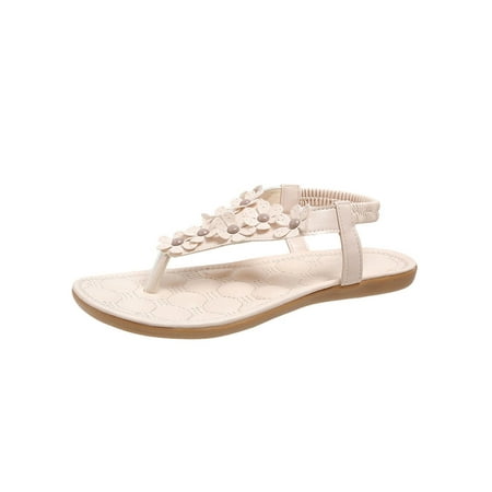 

Daeful Women Thong Sandals Beach Flat Sandal Bohemian Flip Flops Walking Elastic Band Lightweight Summer Casual Shoes Beige 8