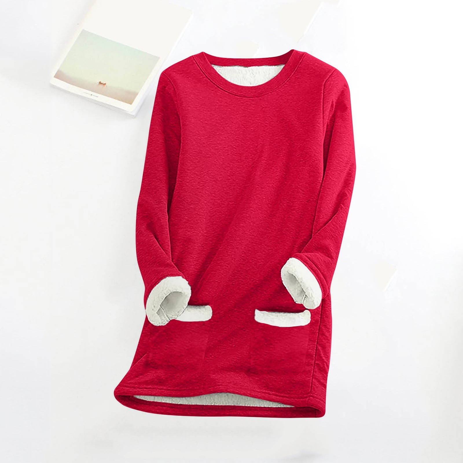 Women's Long Sleeve Round Neck Pocket Solid Color Pullover Sweatshirt With Thick Warm Shirt Winter Top Athletic Jacket Full Zip Full Hand Workout Top Casual Short Sleeve Top Fashion Shirt Casual Short