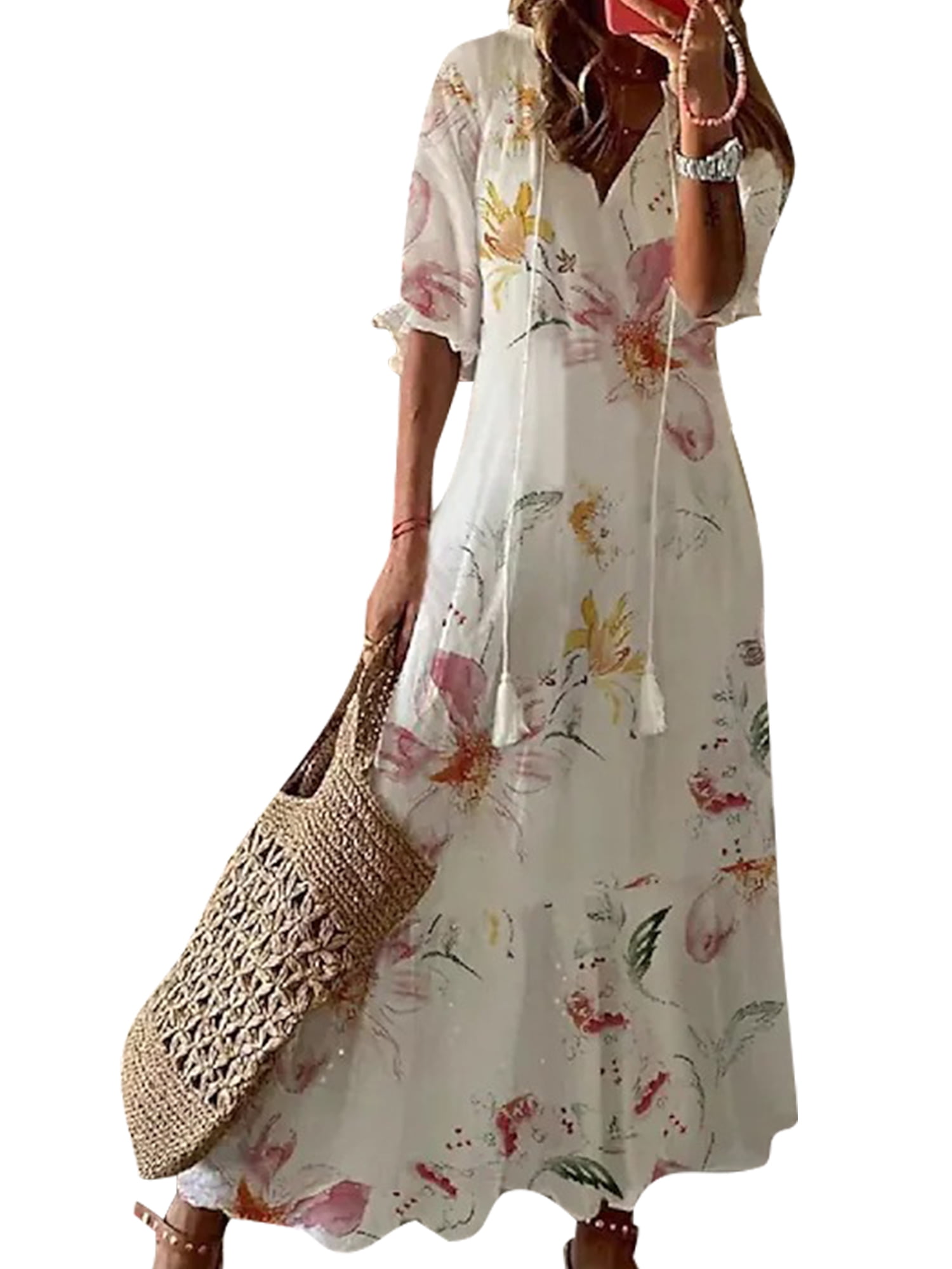 Glonme V Neck Long Dress for Women Loose Travel Summer Beach Sundress