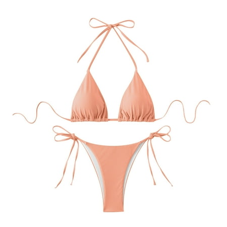 UTSJKR Womens Triangle Bikini Set Sexy Halter Strappy Top Thong Cheeky Bikini Swimsuits Two Piece Bathing Suit Summer Outfit Rose Gold L