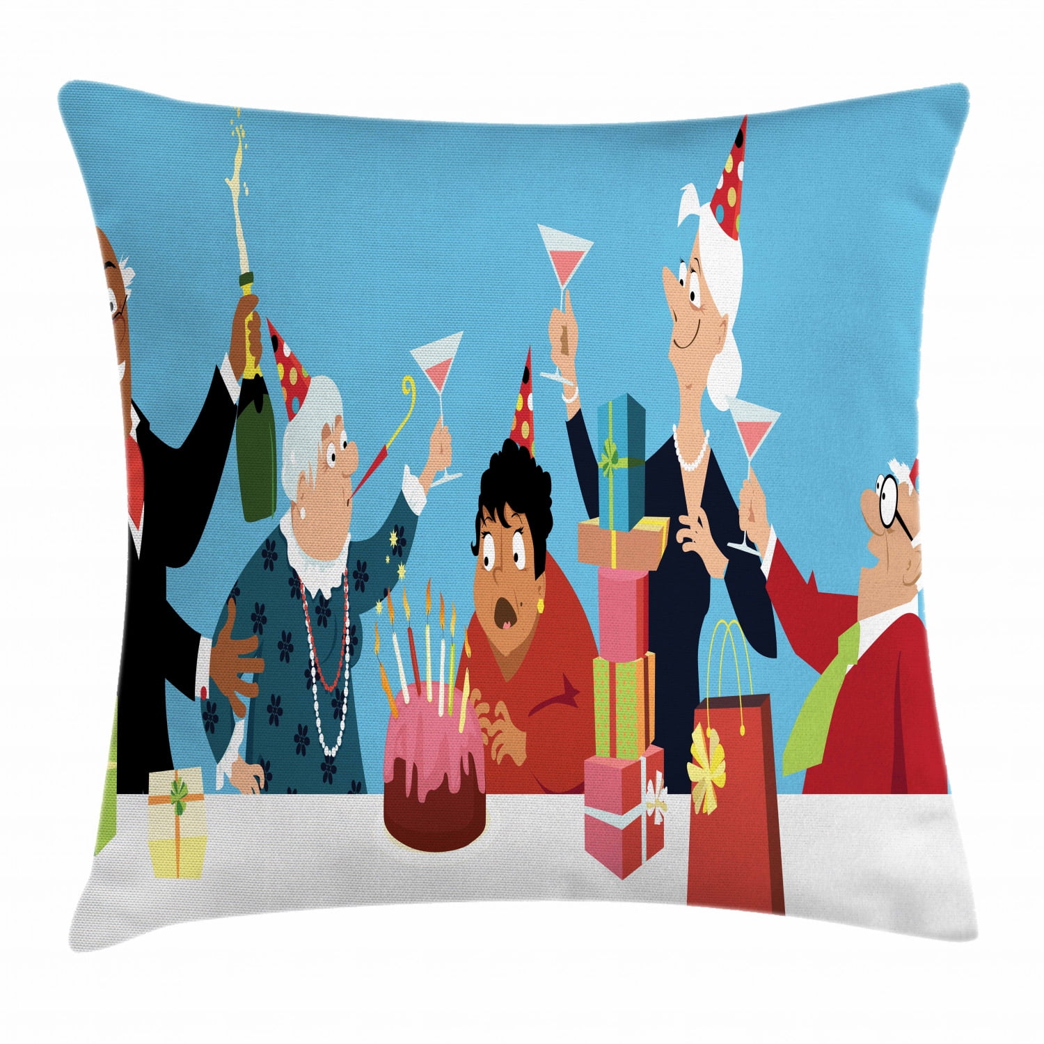 Retirement Party Throw Pillow Cushion Cover, Happy Seniors Celebrating