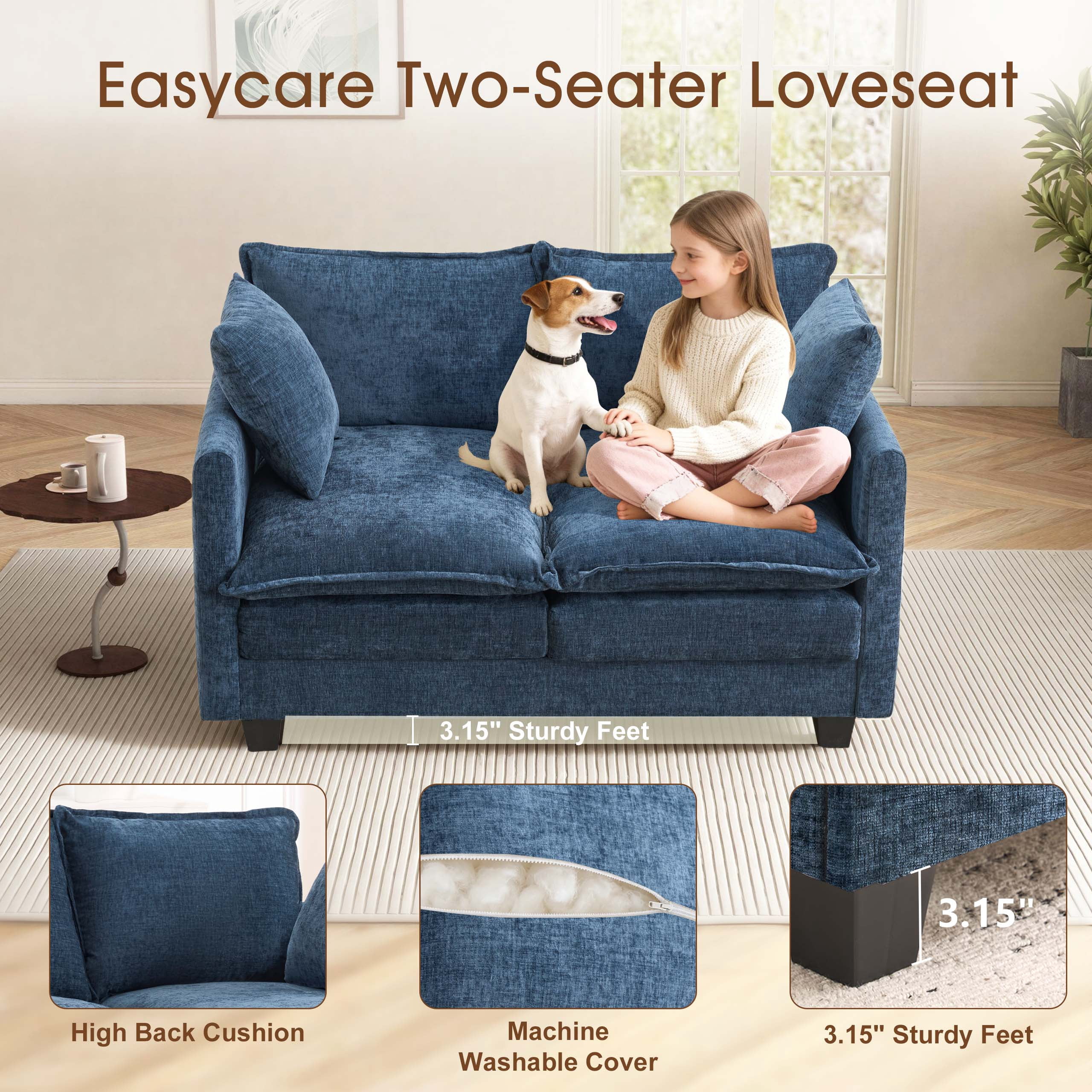 Dioepic 50" Loveseat Sofa Couch Deep Seat Chenille Fabric with 2 Pillows for Living Room and Small Spaces, Blue