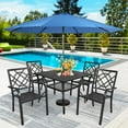 thumbnail image 5 of SUNCROWN 5-Piece Outdoor Wrought Iron Chairs and Table Patio Dining Furniture Set - 4 Stackable Metal Chairs, 1 Steel Slat Bistro Table and 1 Dark Blue 9Ft Patio Umbrella for Garden Backyard Deck, 5 of 8