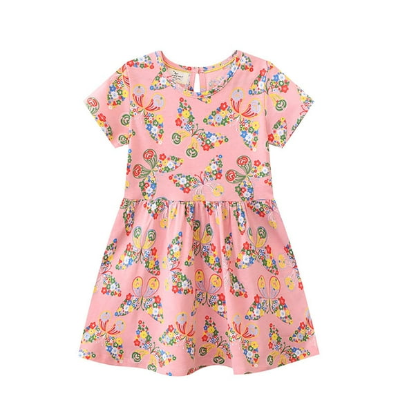 Odeerbi Kids Girls Floral Dress 2-7 Years Childrens Clothes Wind Cotton Dress Printed Floral Princess Skirt Pink