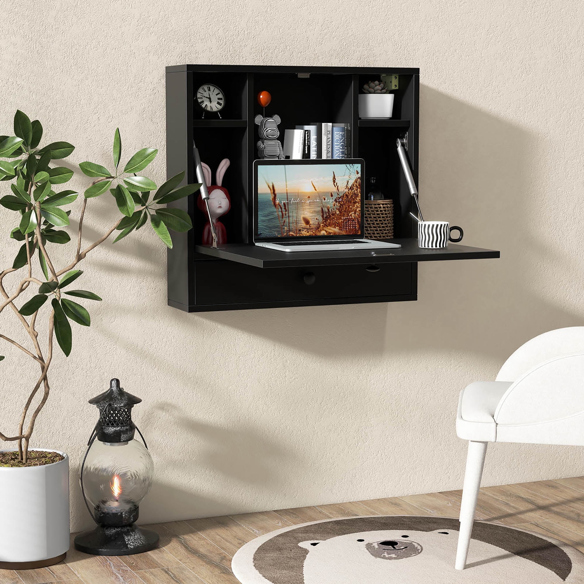 Gymax Wall-mounted Desk Floating Computer Workstation w/ Storage Shelves Home Office Black