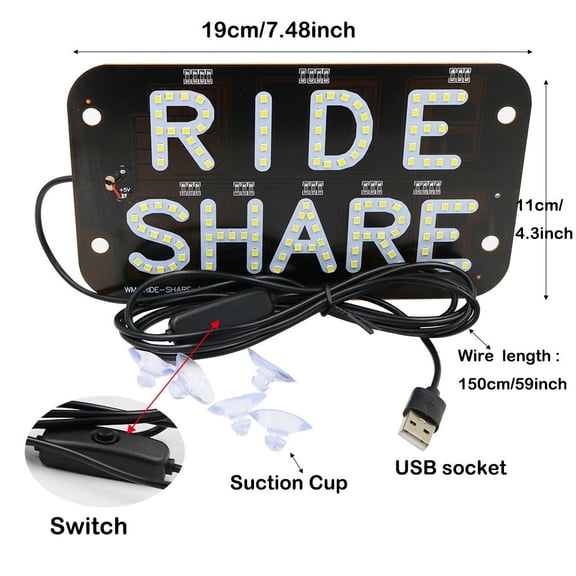7.5" x 4.5" Windshield LED Car Sign RGB Light Display for Ride Drivers USB-Powered with 4 Suction Cups Bright Text Sign for Taxi