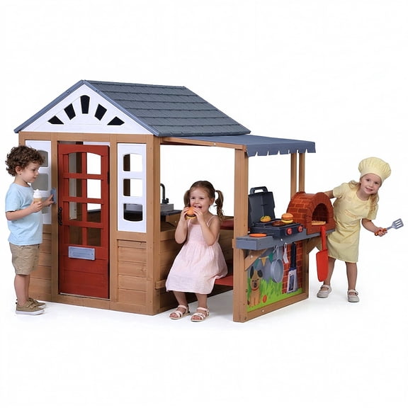 Sunnyfree Playhouse, Kids Outdoor Playhouse with Play Kitchen, Wooden Playhouse with Grill Oven, Pizza Oven, Kitchen Utensils, Doorbell for 3 Kids