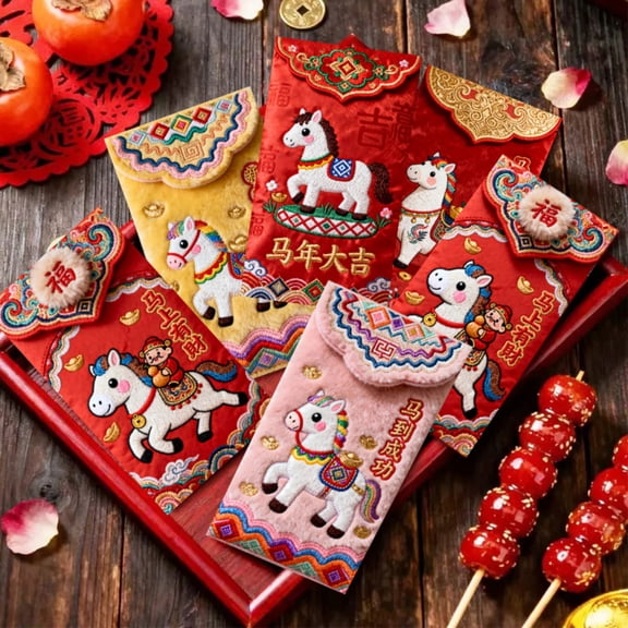 2026 Year of the Horse Chinese New Year Red Envelopes, 6Pcs Exquisite Imitation Flat Embroidery Hong Bao for Spring Festival, Wedding & Birthday Party (3.5"×7.5")