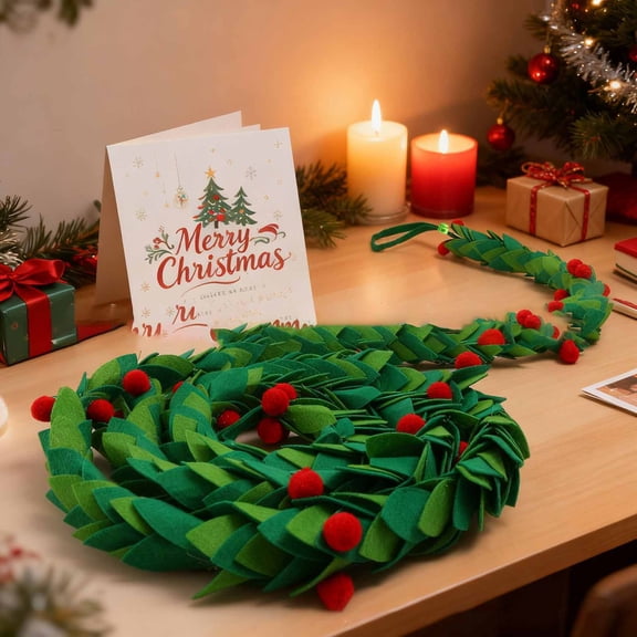 6FT Christmas Felt Holly Garland with Red Berries, Handmade Mistletoe Garlands for Fireplace Mantle Table Decor, Festive Holiday Home Decoration for Christmas Wedding Party-1Pcs