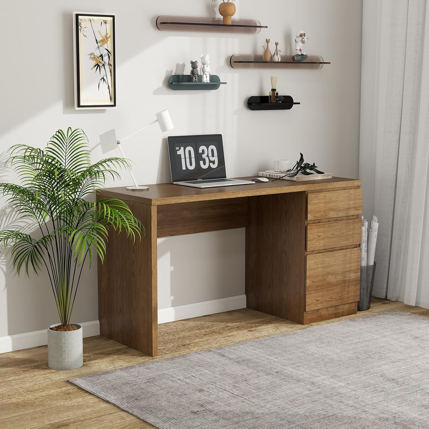 LAZZO 53" Computer Desk with 3 Drawers, Executive Writing Desk with File Storage Drawer for Home Office, Brown