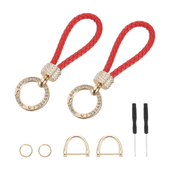 Weave Key Chain Ring Braided Rope Leather Keychain with Rotatable D-ring and Screwdriver Red/Gold 2