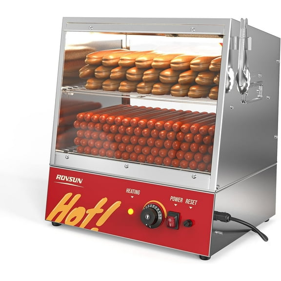 ROVSUN 32QT/30L Hot Dog Steamer, 2-Tier Hut Steamer Hot Dog Steamer with Bun Warmer Cooker 175 Hot Dogs & 40 Buns Capacity with Removable Shelves Food Clip for Party Event Concession Stand