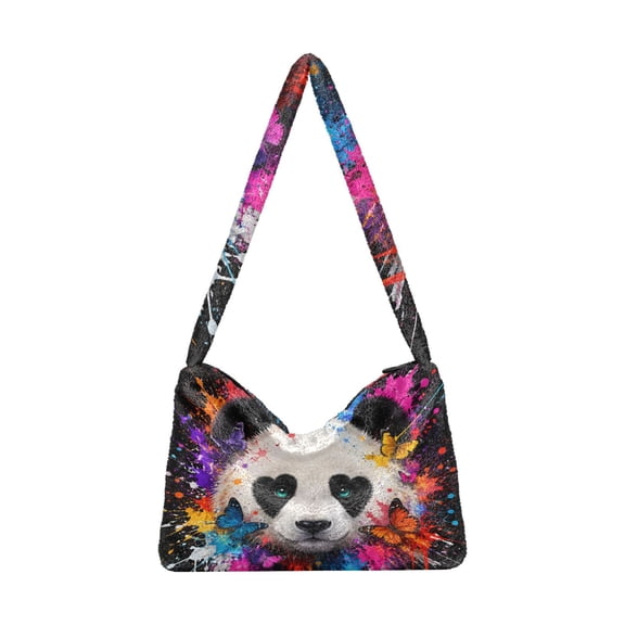DIXRUYEE Panda Bear Colorful Paint Print Plush Shoulder Bag Soft Faux Fluffy Hobo Tote Bag With Zipper Closure Casual Lightweight Crossbody Handbag