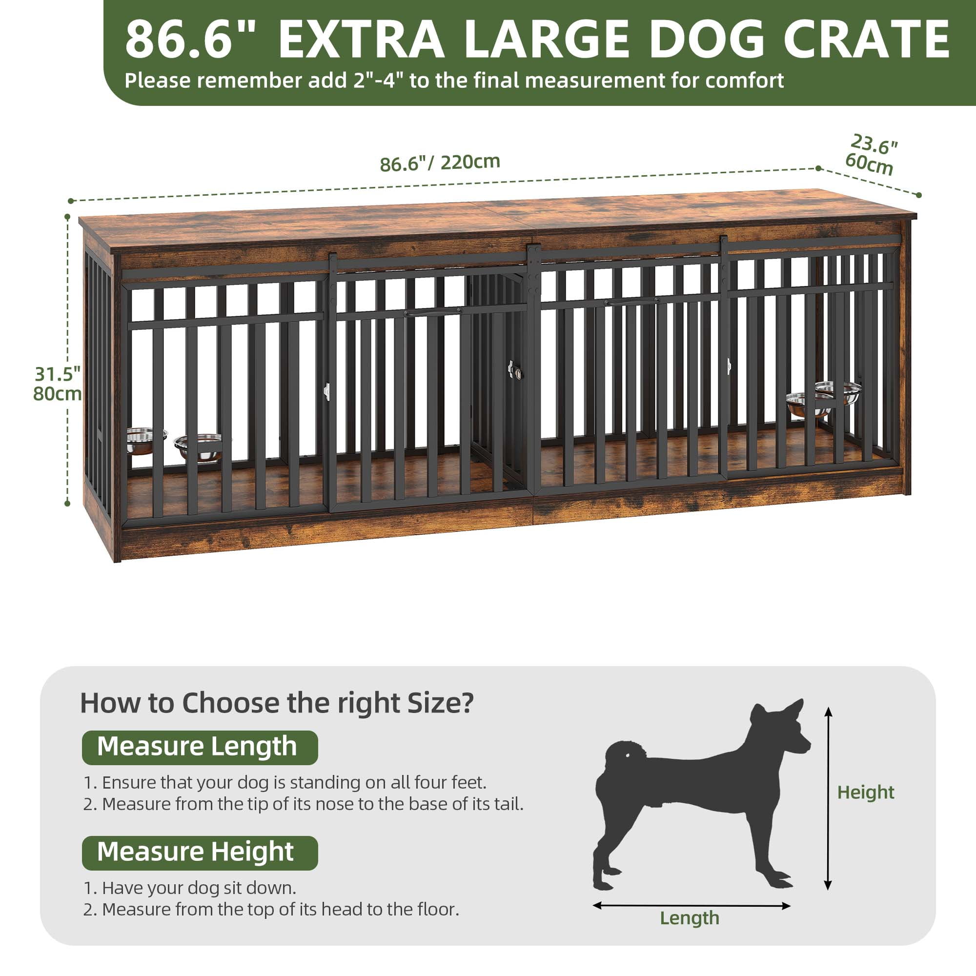 Uforic 87" Dog Crate Furniture with Dog Bowl for 2 Large Dogs,Indoor Furniture Style Wooden Large Dog Kennel TV Stand Sliding Doors - Rustic Brown