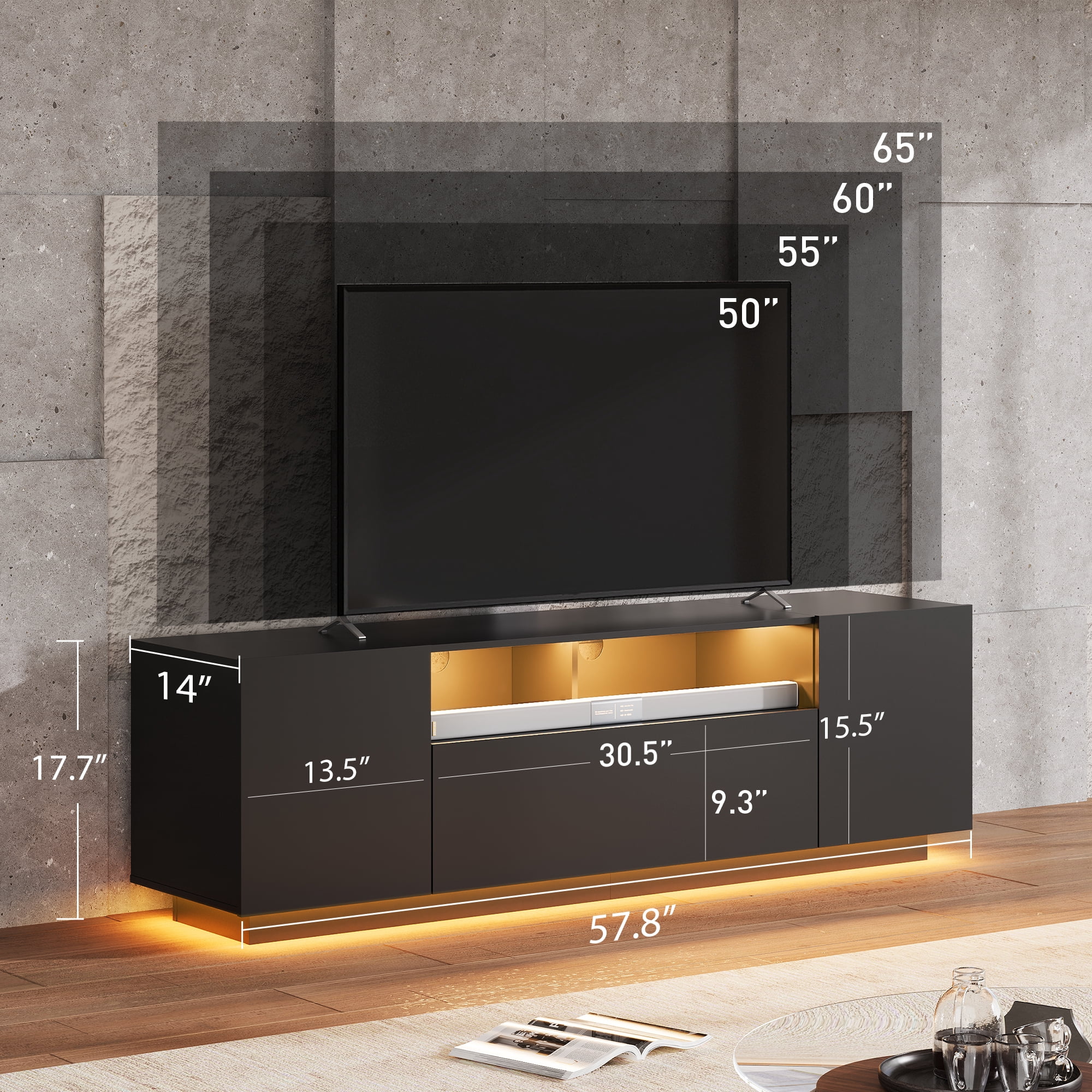 GALAXHERO TV Stand for 65 inch Entertainment Center with LED Lights & Large Storage Cabinet Modern TV Console Stands Table for Living Room Bedroom Black