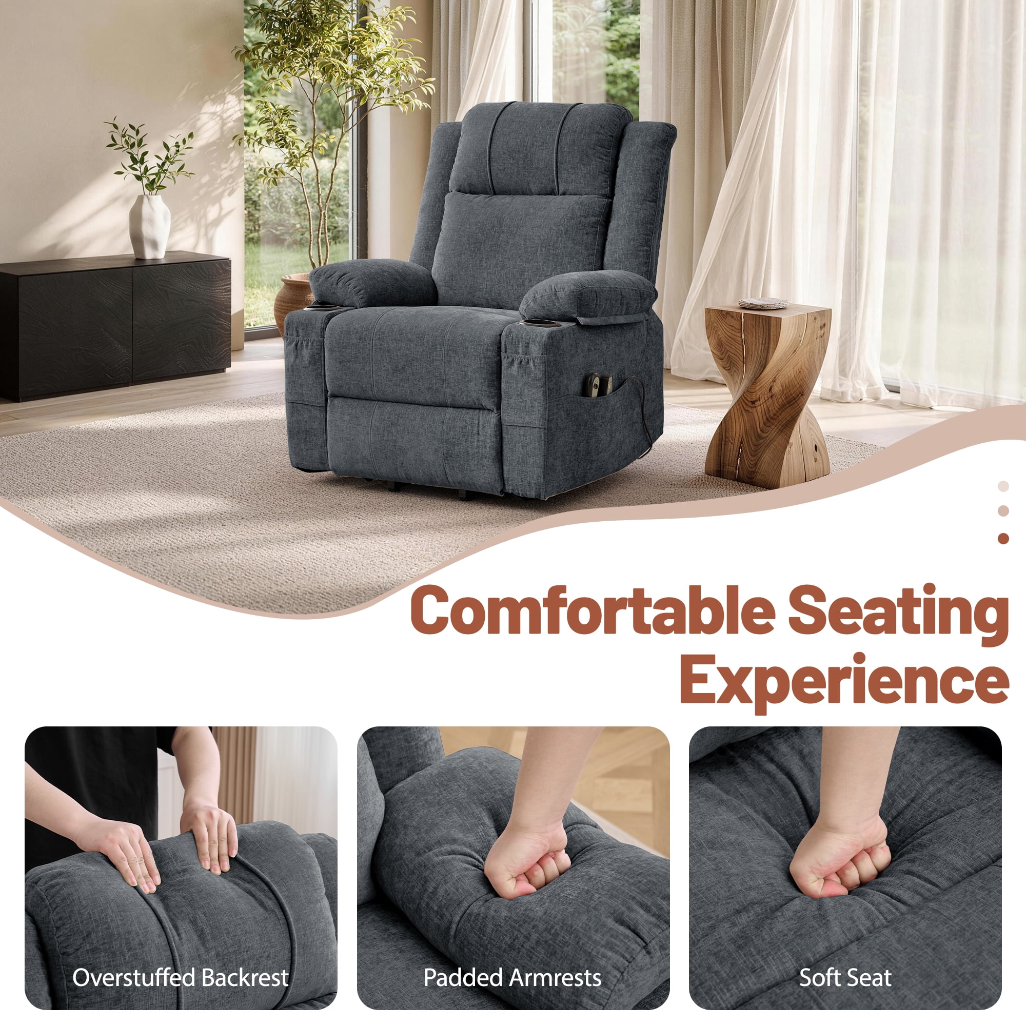 Korser Power Lift Recliner Chair for Elderly with Massage and Heat,Electric Lift Reclining Chair with Side Pockets and Cup Holders,Massage Recliner Chair for Living Room,Chenille,Dark Grey