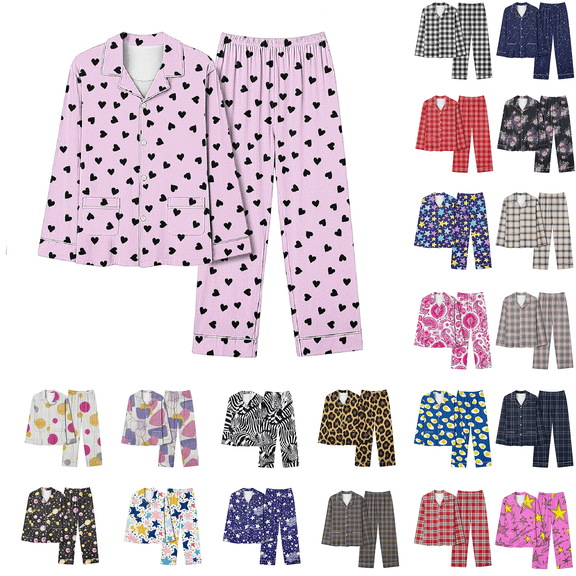 Cmtiyu Pajamas for Women Set Long Sleeve Notch Collar Button Pockets Top And Pants, Casual Loose Printed Loungewear Set, S-3XL