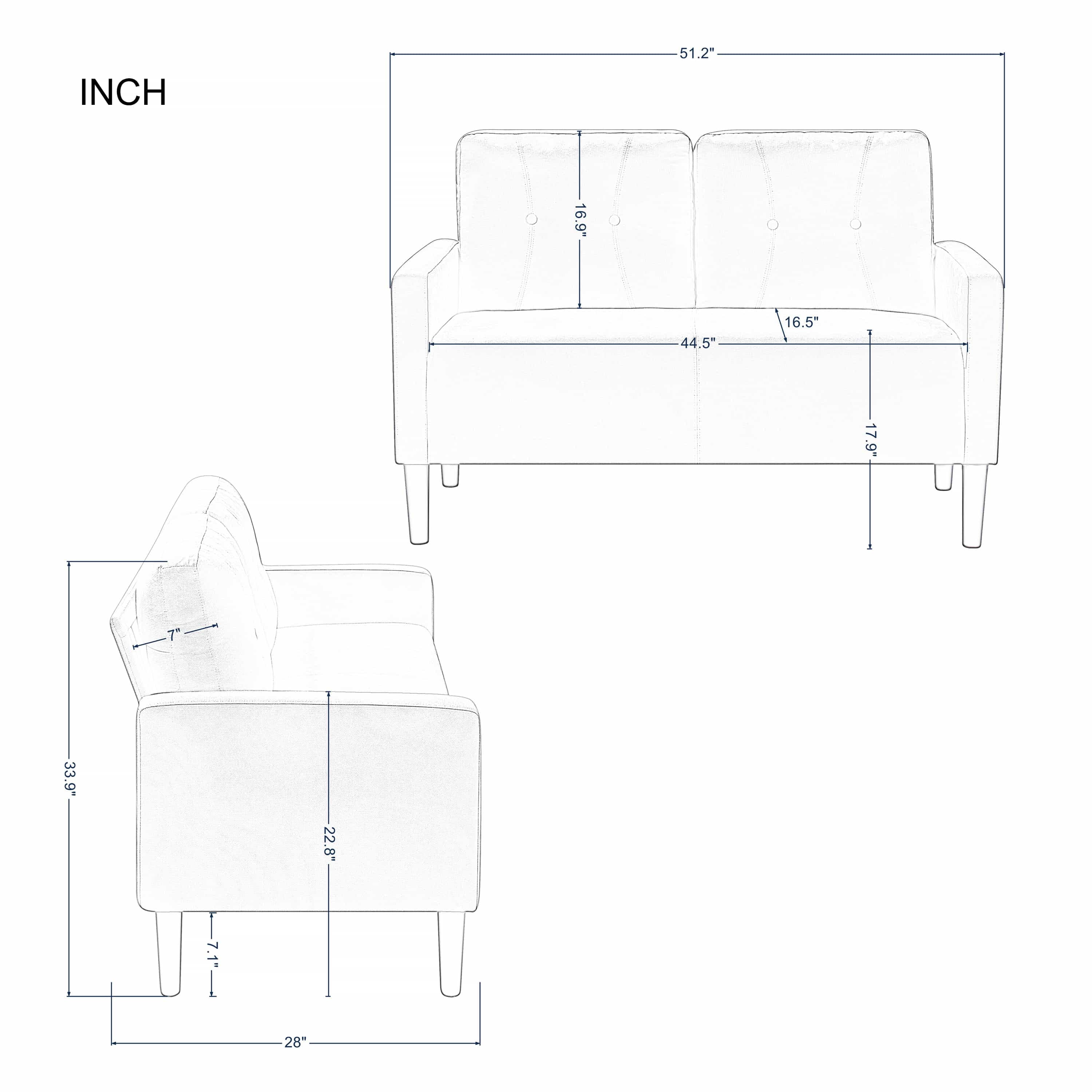 BSHTI 51.2”Loveseat Couch,Linen Blend Upholstery,Back Cushions are Removable,Solid Wood and Iron Combination,6 Colors for Choosing,Standard Couch(Light Gray)