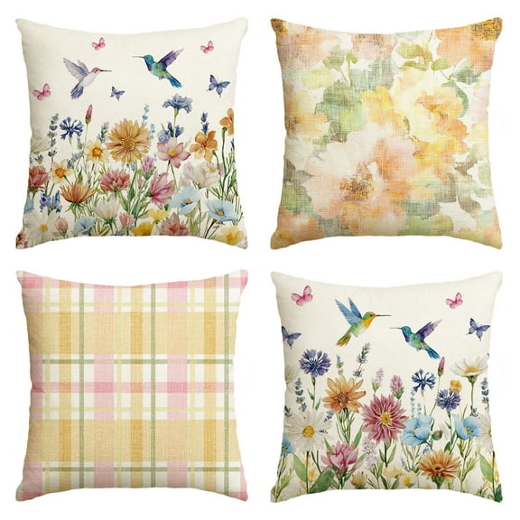 Sm:)e Watercolor Floral Hummingbird Spring Throw Pillow Covers Set of 4,18x18 Inch,Multicolor