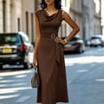 thumbnail image 3 of Morttic Women's Solid Color Sleeveless Cowl Neck Midi Dress – Elegant Ruched Tied Waist A-Line Dress Office & Party Wear Brown，S, 3 of 6
