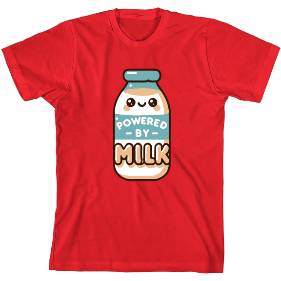 "Powered By Milk" Youth Red Crew Neck Short Sleeve Tee-Medium