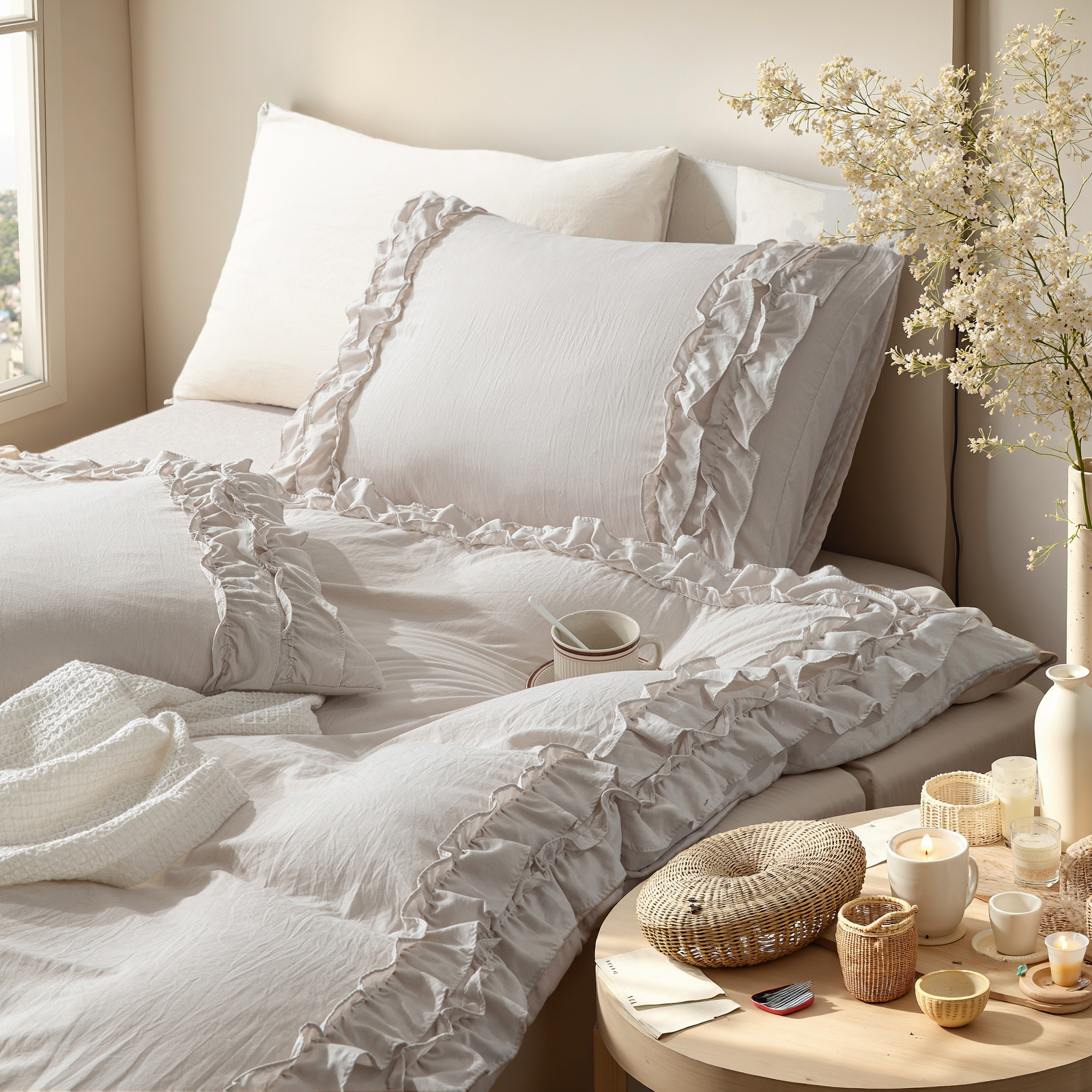 Boho Ruffled Comforter Set Super Soft Cozy Bedding Set with Pillowcases Elegant Chic Bedroom Decor Rustic Farmhouse Quilt Comforter 3 Pcs Set