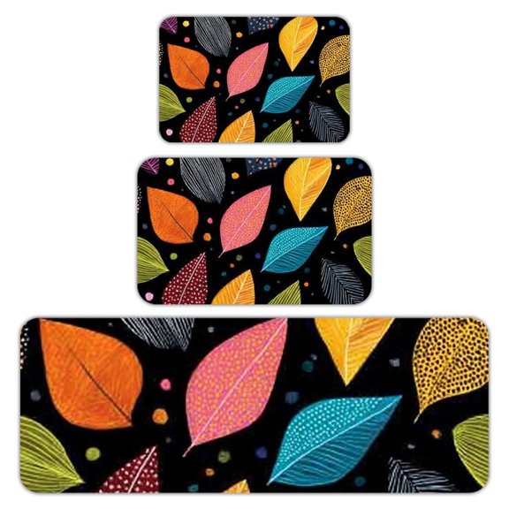 RKSupls Kitchen Rug Set 3 Piece Anti-Slip Flannel Floor Mats, Colorful Leaves Pattern Washable Absorbent Runner Mats for Kitchen Bathroom Home Decor