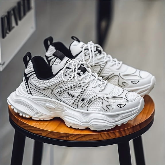 Men's White Black Chunky Platform Dad Sneakers, Breathable Mesh Fashion Athletic Shoes, Non-Slip Casual Walking Shoes for Daily Wear