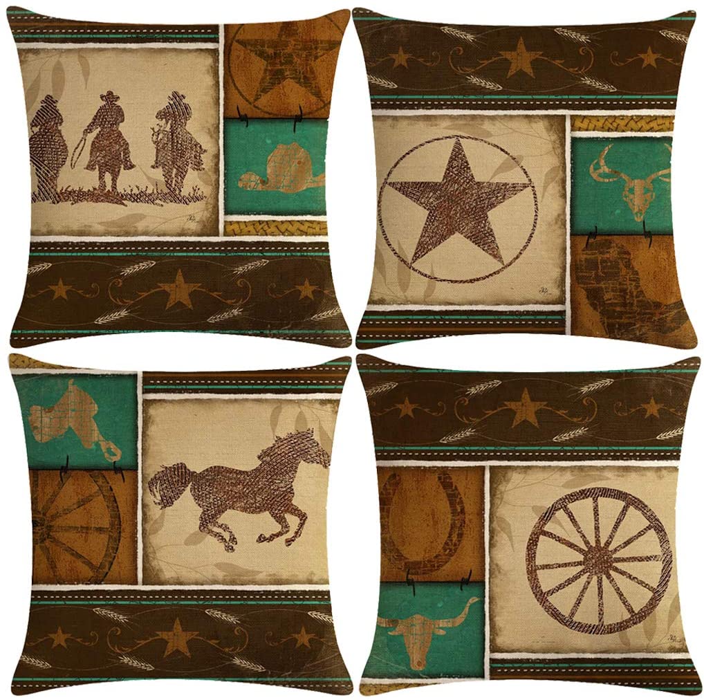 Tayyakoushi Vintage Western Cowboy Throw Pillow Covers West Rodeo Riding Bull Wooden Decorative