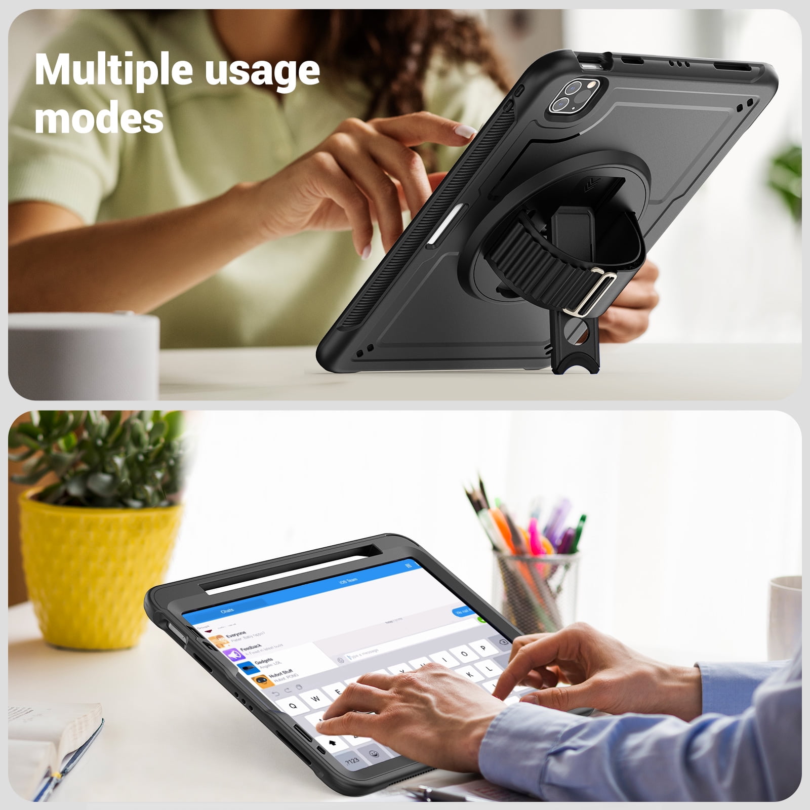 ELEHOLD Case for Apple iPad Pro 11 2022/2021/2020/2018/air4 10.9/air5,Soft TPU Rugged Durable Case with 360° Rotating Hand Strap & Foldable Hidden Stand & Pencil Holder,Black