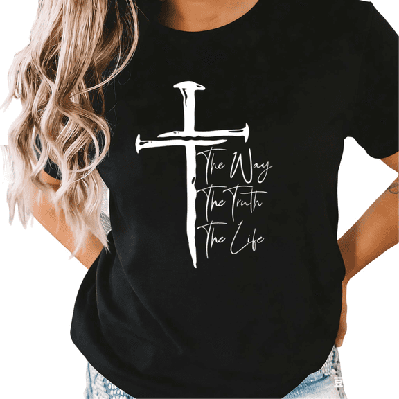 UNISHE Women's "The Way The Truth The Life" Cross Graphic Black Short Sleeve T-Shirt Casual Cotton Crewneck Top