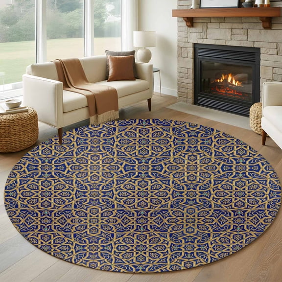 Vintage Mediterranean Round Area Rug 8Ft Washable Large Circle Rugs for Living Room Dorm, Retro Morocco Abstract Art Brown Blue Non-Slip Carpet Floor Mats Indoor Outdoor Carpet Runner Home Decor