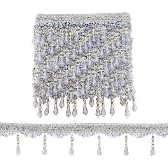 12 Yards Beaded Fringe Trim 3-3/4 inch Hanging Tassel Trim Silver Sewing Trim Fringe Crystal Beaded Trim Lace Ribbon for Curtain Tablecloth Home Decor Dress Clothes DIY Crafting