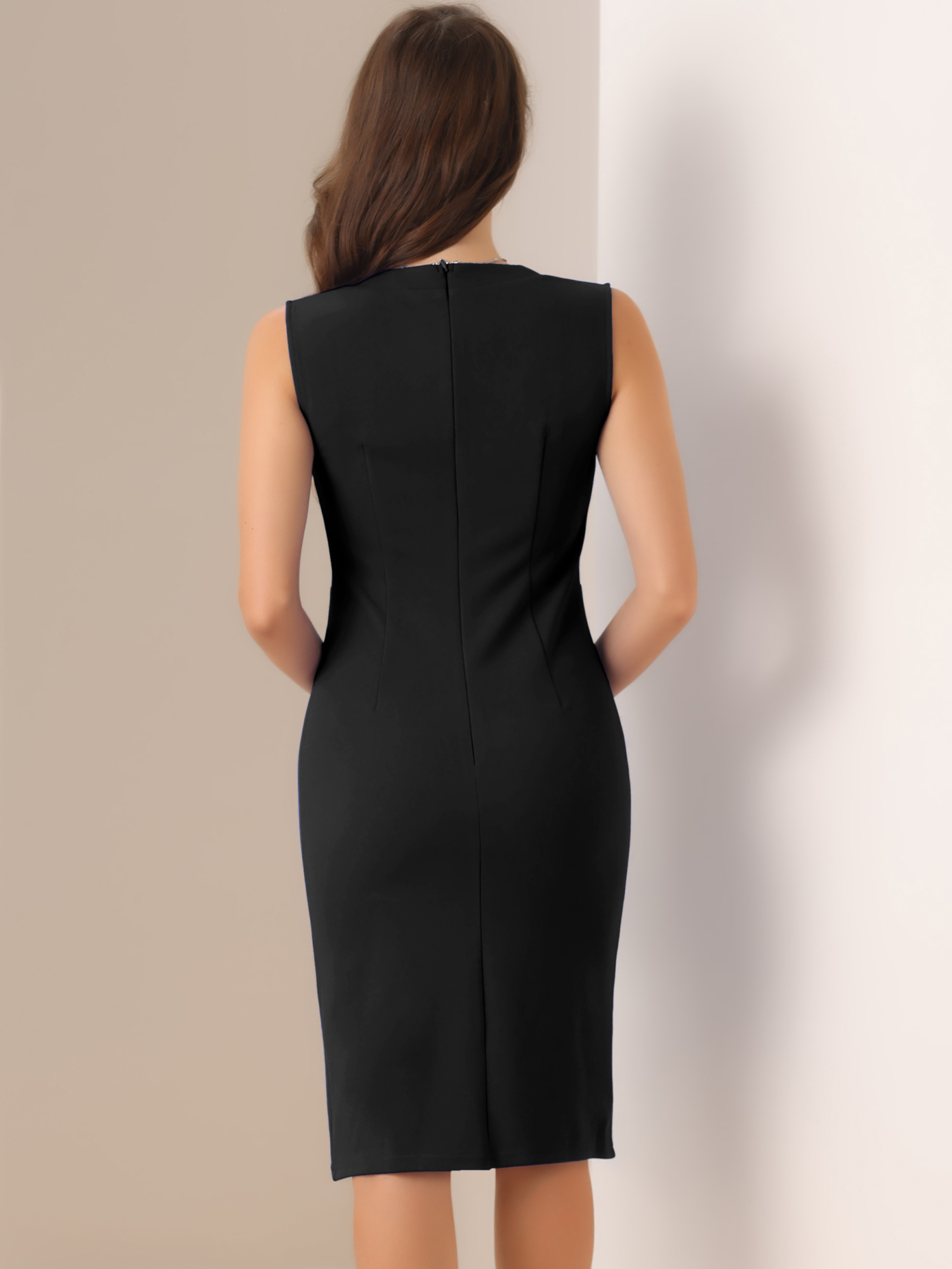 DARING DIVA Pencil V Neck Sleeveless Design Tied Waist Dress S Black