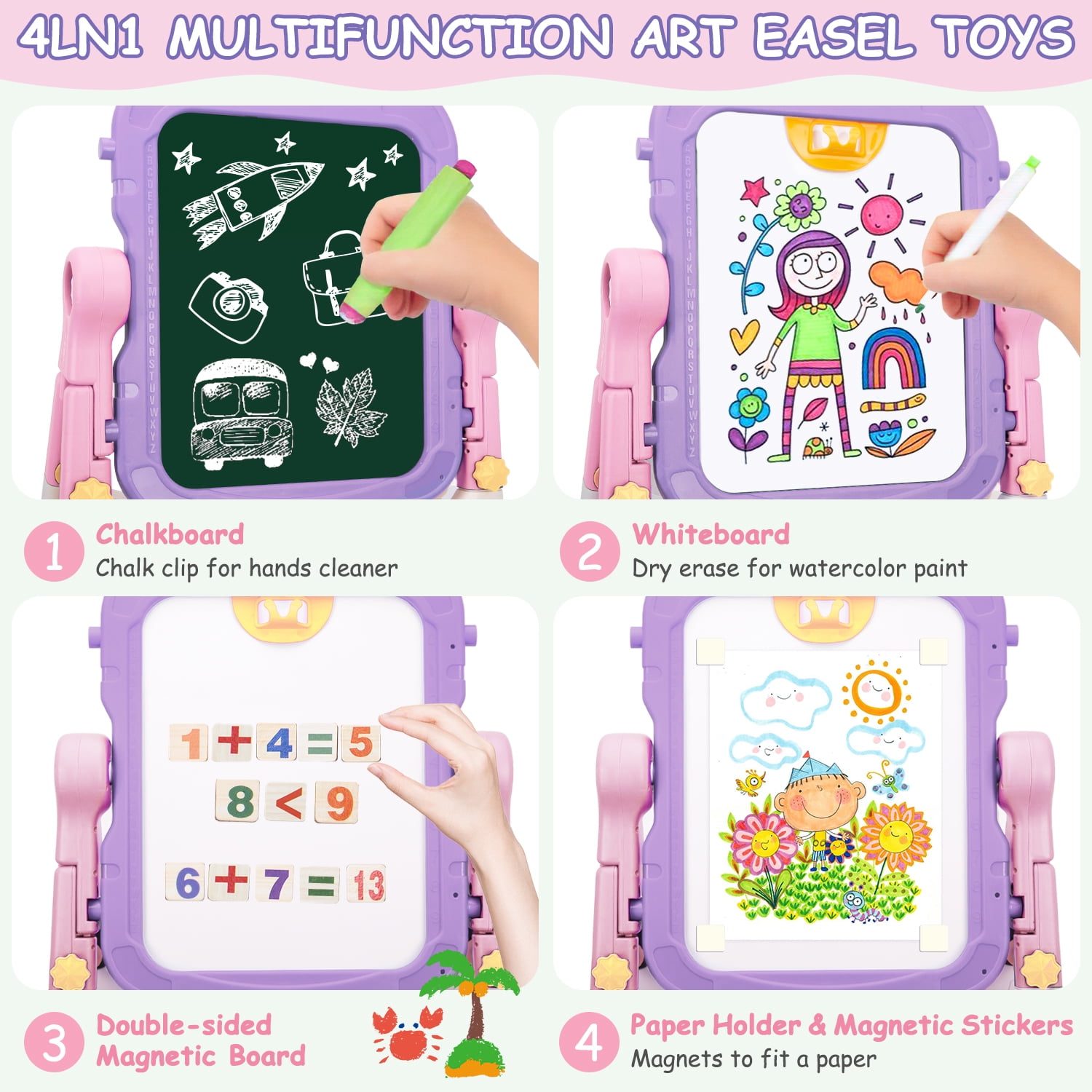 Xueyu Easel for Kids, 26.8"-34.6" Adjustable Plastic Standing Art Easel with Chalkboard, Chalk, Markers, Eraser, Clips