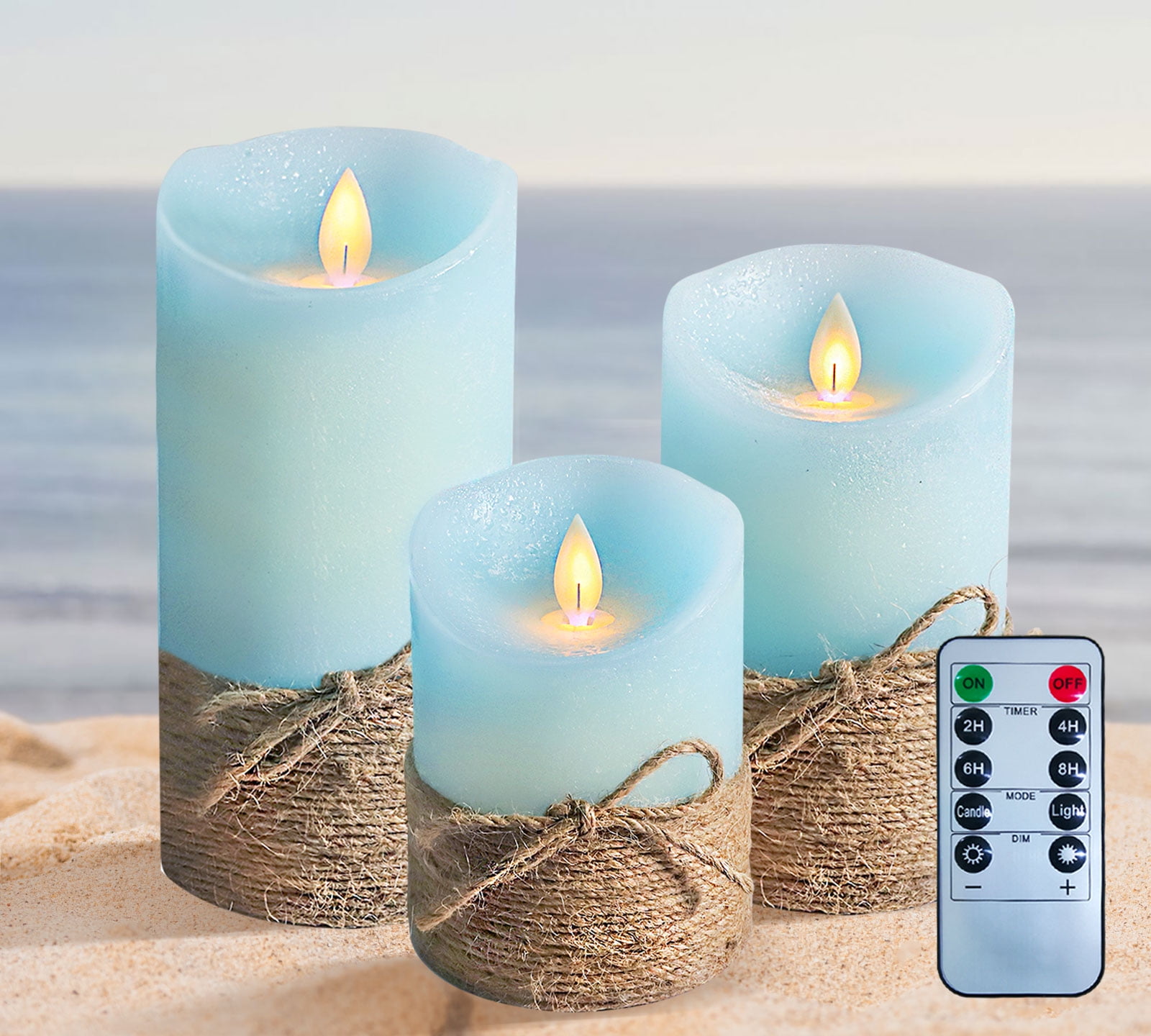 Meltone LED Flameless Candles Blue with Hemp Rope, 3PCS LED Pillar