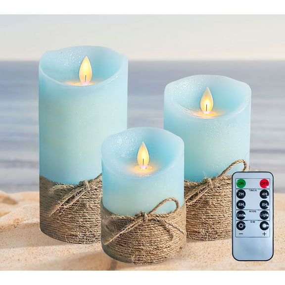 Meltone LED Flameless Candles Blue with Hemp Rope, 3PCS LED Pillar Candles Battery Operated with Remote