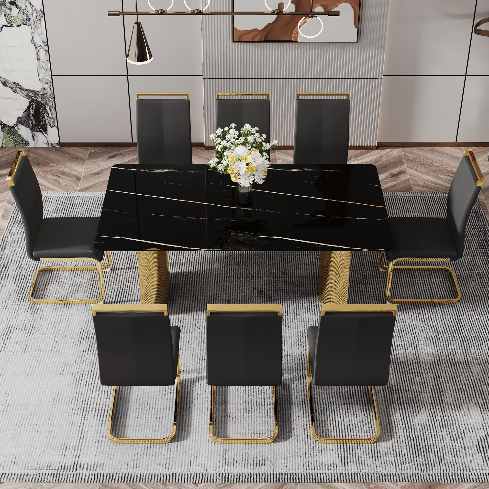 TesNus 71" Modern Dining Table for 6-8, Black Marble-Style Glass Tabletop with Gold Chrome-Plated Stainless Steel Base for Kitchen and Dining Room