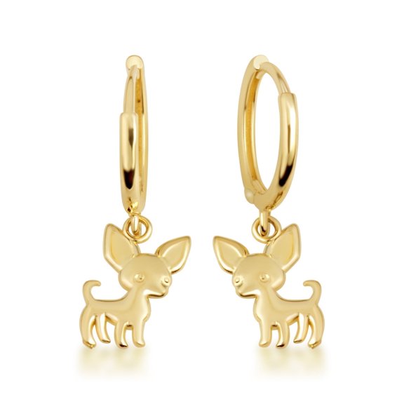 Yellow Gold Chihuahua Pet Dog Drop Huggie Hoop Earrings (10K)