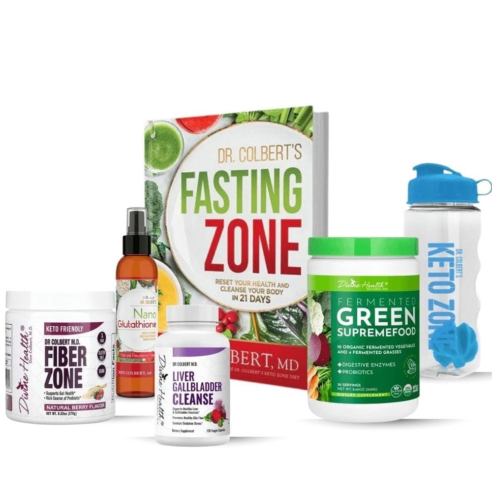 Dr. Colbert MD Detox Starter Pack | by Divine Health | Green Supremefood | Fiber Zone (Berry) | Liver Gallbladder Cleanse | Nano Glutathione Spray| Fasting Zone Book | Shaker bottle