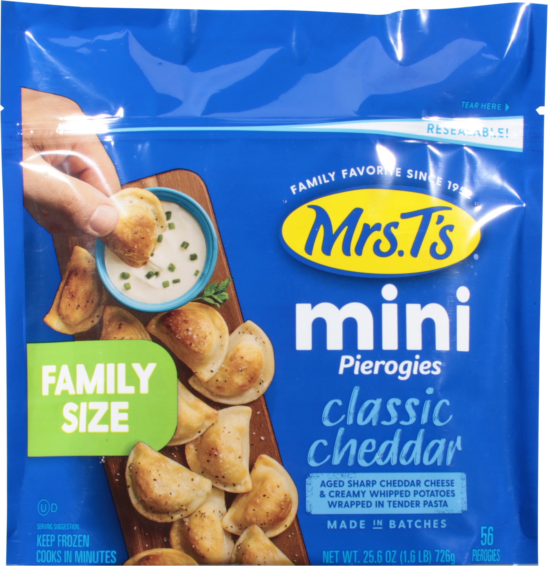 Mrs. T's Pierogies Classic Cheddar Mini, 56 Count, 25.6oz Resealable Bag (Frozen)