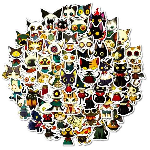50 PCS Quirky Cat Sticker Pack – Unique Waterproof Vinyl Doodle Decals for Journals, Notebooks, Laptops & DIY Crafts