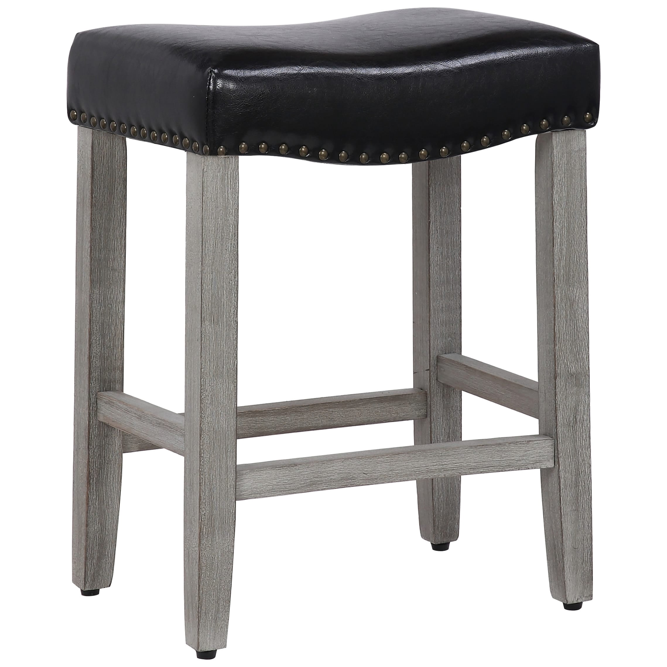 24" Inch Upholstered Saddle Seat Bar Stool, Antique Gray/Leather