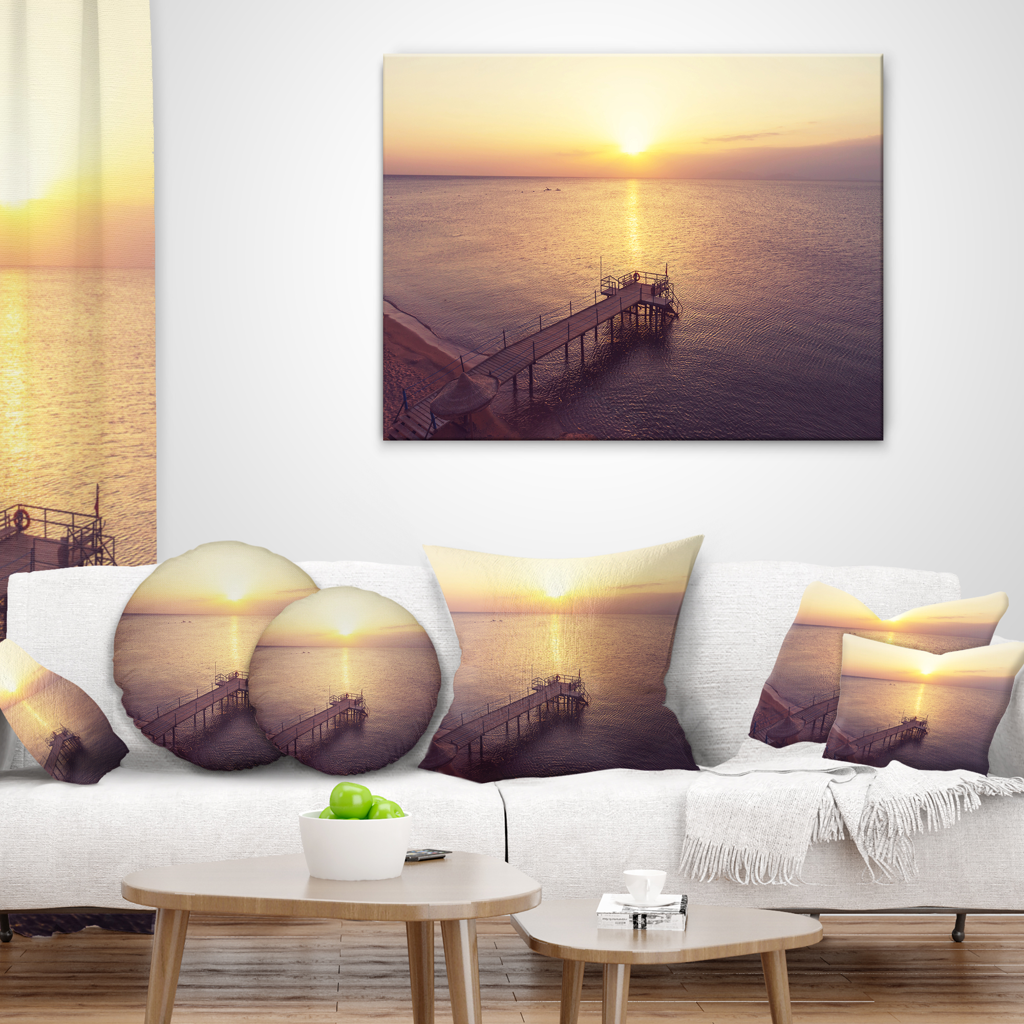 Designart Boardwalk over the Beach at Sunset - Bridge Throw Pillow - 16x16